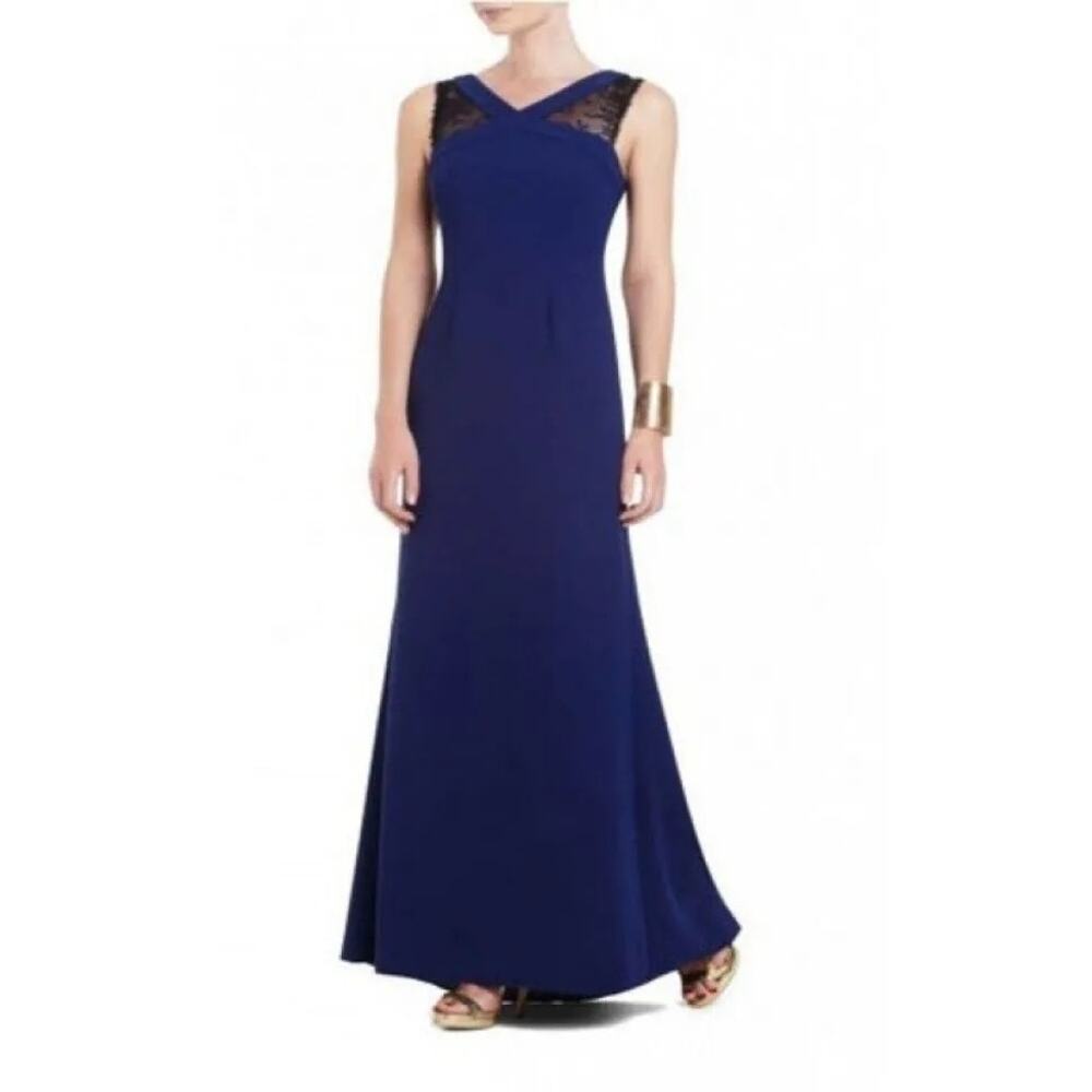 BCBG Maxazria Blue Depth Evan’s Lace Sleeveless Shoulder Slit Gown Dress Size 8